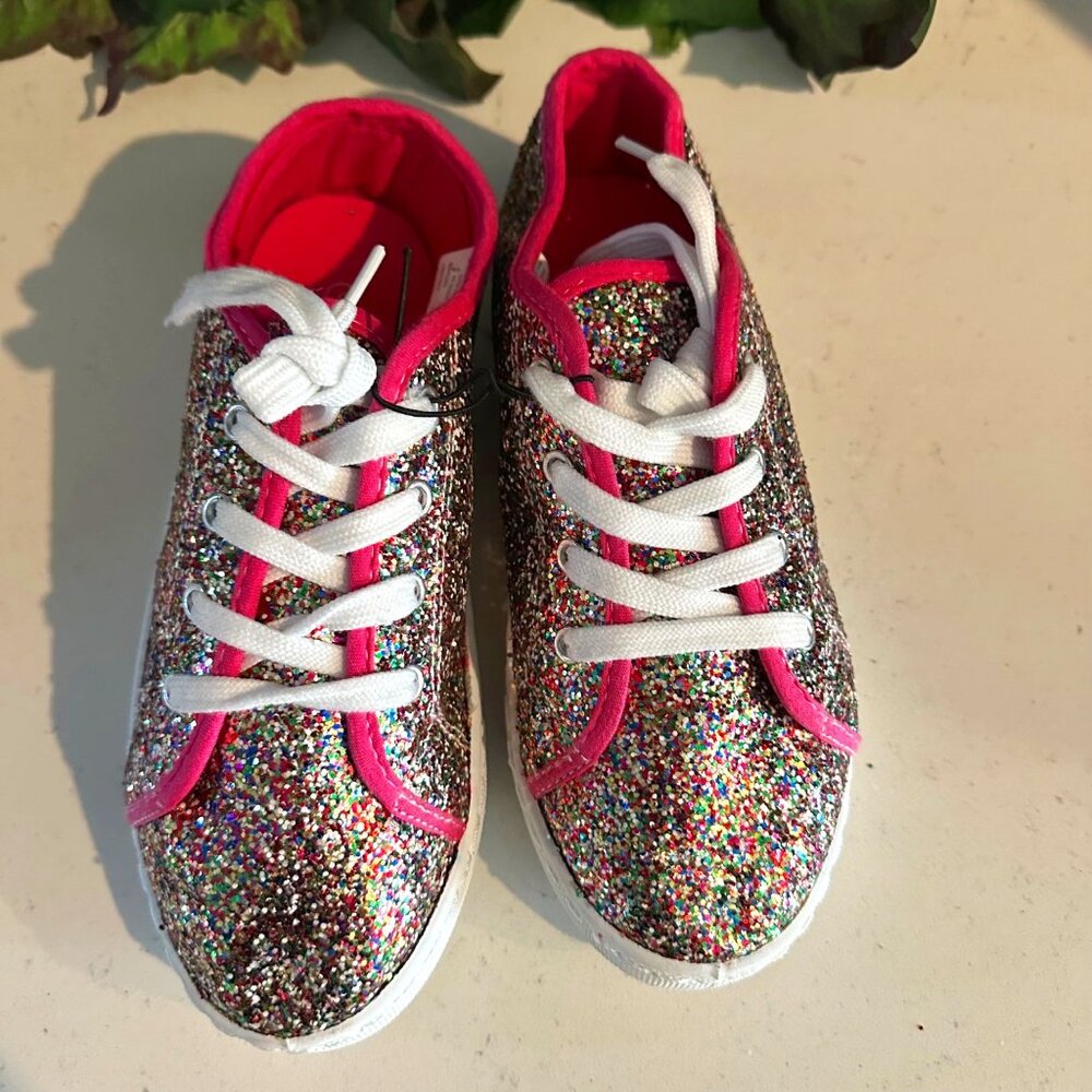 Multi-Color Glitter Sneakers With Pink Trim & White Laces Size 3 Plastic Upper C